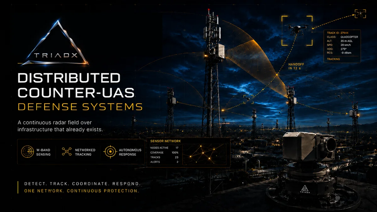 TRIADX distributed counter-UAS network: cellular towers with W-band radar sensors tracking drones and handing off targets to a rotary interceptor platform